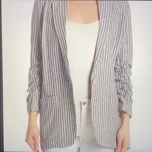 MaxStudio striped linen blend ruched sleeve blazer